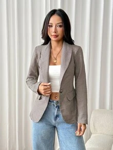 SHEIN PETITE Blazer Lengan Panjang Kotak-kotak Kasual Wanita - MultiWarna - View 9