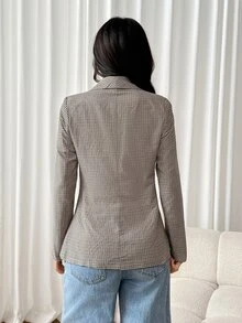 SHEIN PETITE Blazer Lengan Panjang Kotak-kotak Kasual Wanita - MultiWarna - View 2
