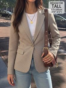 SHEIN PETITE Blazer Lengan Panjang Kotak-kotak Kasual Wanita - MultiWarna - View 1