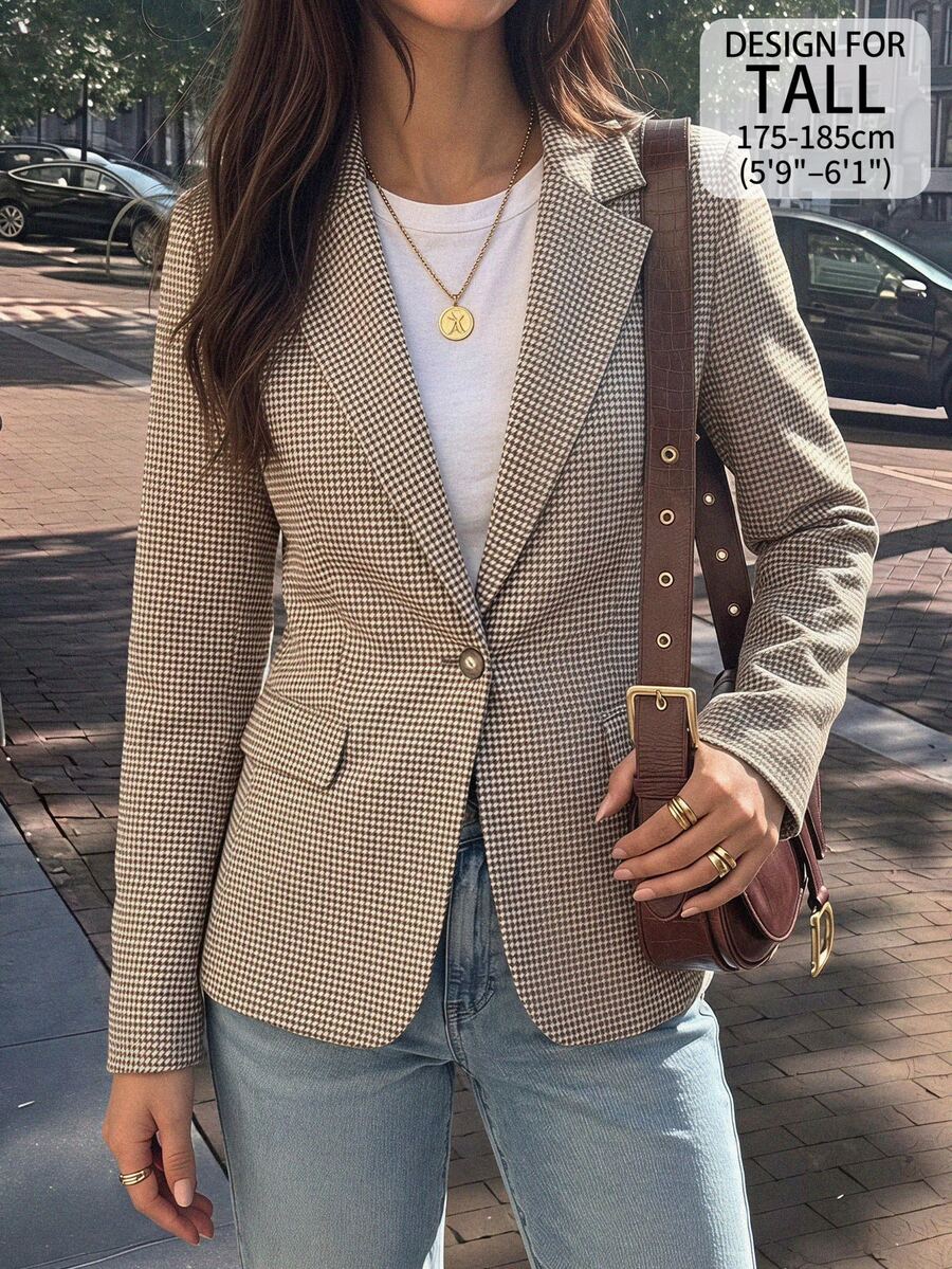 SHEIN PETITE Blazer Lengan Panjang Kotak-kotak Kasual Wanita - MultiWarna - View 1