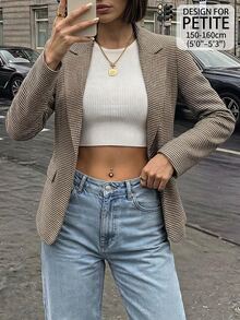 SHEIN PETITE Blazer Lengan Panjang Kotak-kotak Kasual Wanita - MultiWarna - View 5