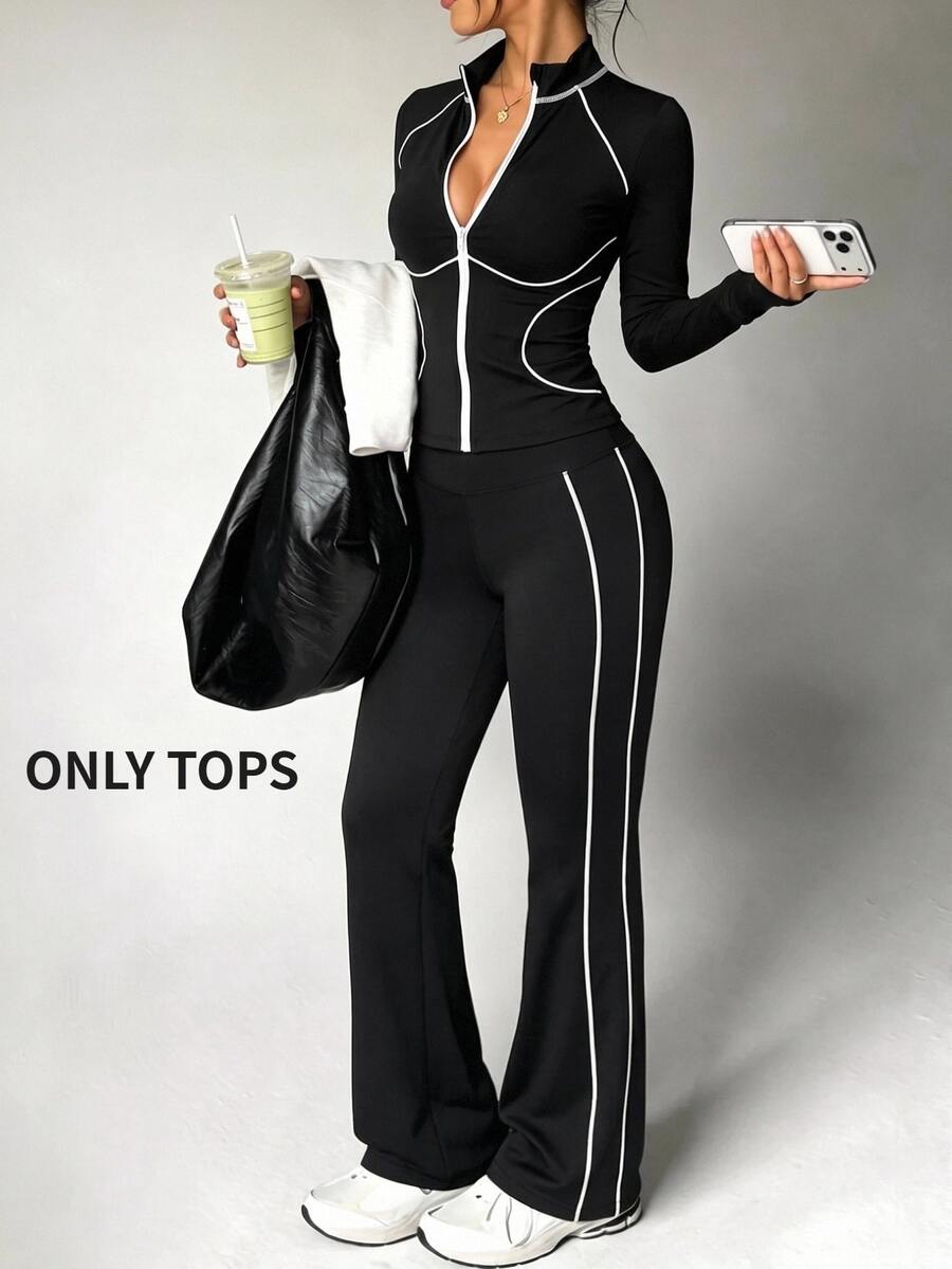 SHEIN Sports Women's Striped Colorblock Zip-Up Long Sleeve Form-Fitting And Highly Elastic Sports Jacket Black And White Color-Block Stand-Up Collar Cardigan - Black and White - View 1