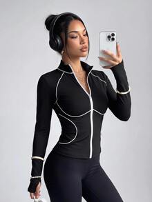 SHEIN Sports Women's Striped Colorblock Zip-Up Long Sleeve Form-Fitting And Highly Elastic Sports Jacket Black And White Color-Block Stand-Up Collar Cardigan - Black and White - View 3