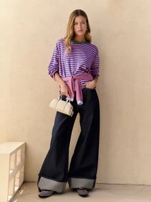 Nöista Striped Graphic Long Sleeve Tee With Contrast Collar. Fall, Casual, Street Style, Everyday Looks. - Blue - View 7