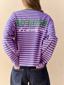 Nöista Striped Graphic Long Sleeve Tee With Contrast Collar. Fall, Casual, Street Style, Everyday Looks. - Blue - View 3