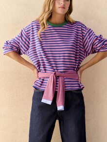 Nöista Striped Graphic Long Sleeve Tee With Contrast Collar. Fall, Casual, Street Style, Everyday Looks. - Blue - View 6