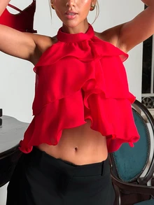 Sandy Gomes Women's Red Multi-Layered Ruffle Crop Top,Elegant Backless Party Tops,Summer Cute Front Button Wide Strap Minimalist Vintage Rave New Years Clothes - Red - View 4