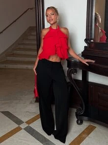 Sandy Gomes Women's Red Multi-Layered Ruffle Crop Top,Elegant Backless Party Tops,Summer Cute Front Button Wide Strap Minimalist Vintage Rave New Years Clothes - Red - View 2