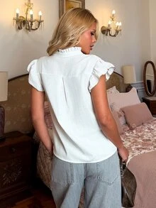 Sandy Gomes Women Bohemian Embroidered Frill Trim Button Down Shirt, For Leisure Vacation White Summer Casual Holiday Resort - White - View 3