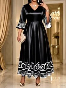 SHEIN Lady Plus Size Women's V-Neck Colorblock Casual Party Dress Fall - Black and White - View 5