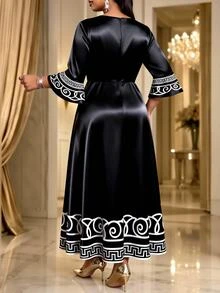 SHEIN Lady Plus Size Women's V-Neck Colorblock Casual Party Dress Fall - Black and White - View 2