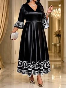 SHEIN Lady Plus Size Women's V-Neck Colorblock Casual Party Dress Fall - Black and White - View 3