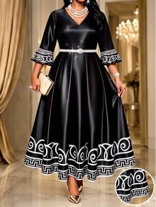 SHEIN Lady Plus Size Women's V-Neck Colorblock Casual Party Dress Fall - Black and White - View 1