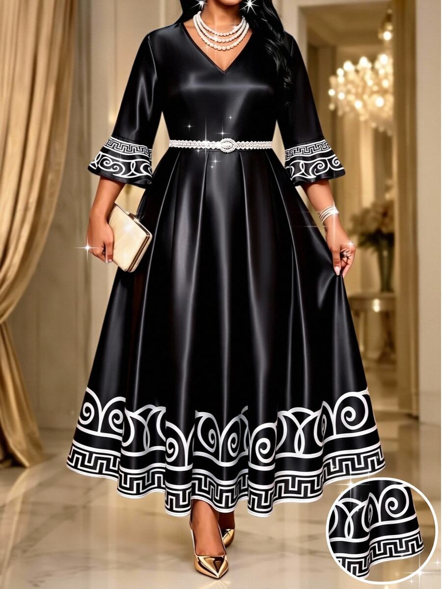 SHEIN Lady Plus Size Women's V-Neck Colorblock Casual Party Dress Fall - Black and White - View 1