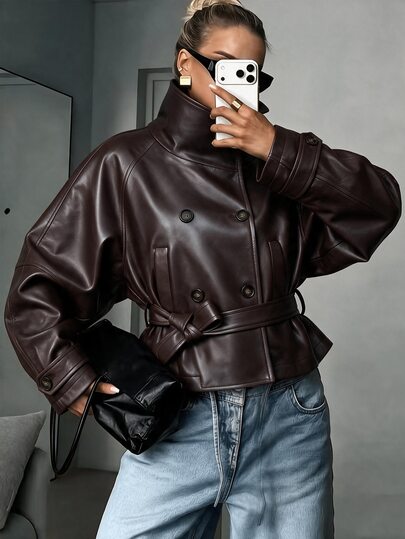 Struktiv Funnel Neck Double Breasted Belted Faux Leather Cropped Jacket