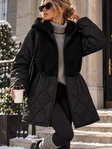 RiviMae Women's Black Faux Leather Winter Parka With Hood And Drawstring Waist - الأسود - مشاهدة 1