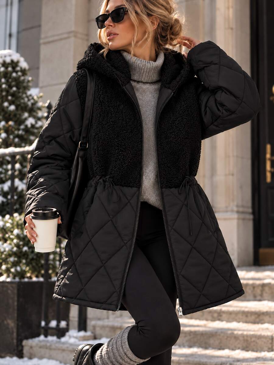 RiviMae Women's Black Faux Leather Winter Parka With Hood And Drawstring Waist - الأسود - مشاهدة 1