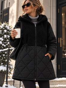 RiviMae Women's Black Faux Leather Winter Parka With Hood And Drawstring Waist - الأسود - مشاهدة 4