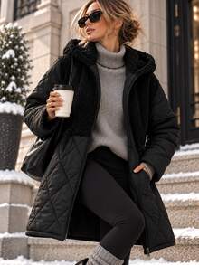 RiviMae Women's Black Faux Leather Winter Parka With Hood And Drawstring Waist - الأسود - مشاهدة 8