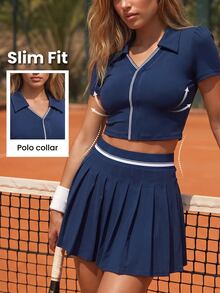 CourtClass CourtClass Women's Lapel Short Sleeve T-Shirt And Pleated Skorts Sports Athleisure Sport Set Tennis Workout Navy Blue Tennis Outfits Autumn - Navy Blue - View 2