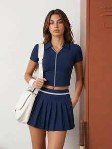 CourtClass CourtClass Women's Lapel Short Sleeve T-Shirt And Pleated Skorts Sports Athleisure Sport Set Tennis Workout Navy Blue Tennis Outfits Autumn - Navy Blue - View 1
