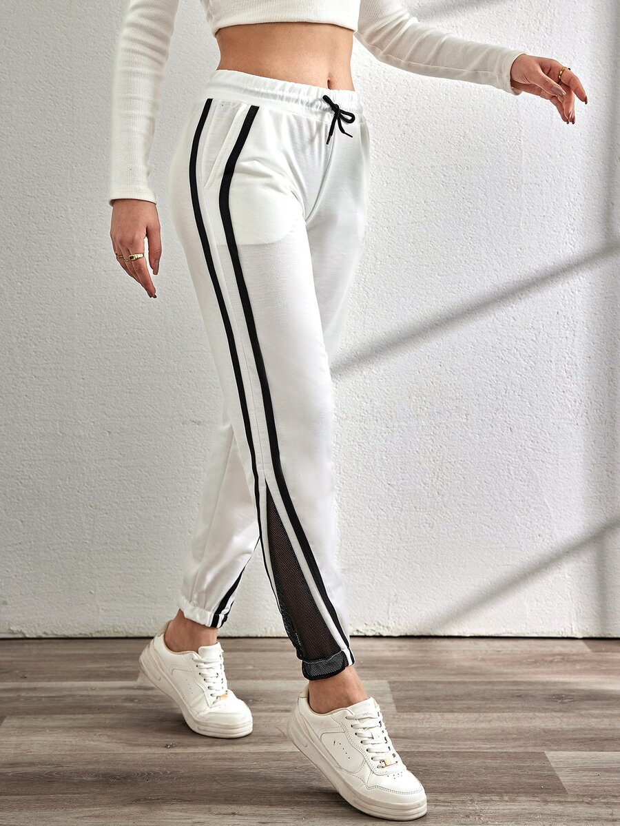 SHEIN Tall Size Women Black And White Striped Casual Athleisure Baggy Contrast Side Seam Drawstring Long Sweatpants Sport Workout Autumn Jogging Gym - White - View 1