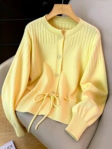 GlowEve CURVE Plus Size Women's Knit Cardigan, Slouchy Cinched Waist Soft Round Neck Sweater Jacket - Yellow - View 3