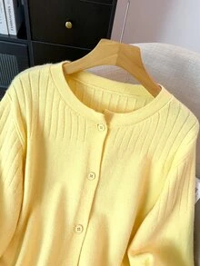 GlowEve CURVE Plus Size Women's Knit Cardigan, Slouchy Cinched Waist Soft Round Neck Sweater Jacket - Yellow - View 1