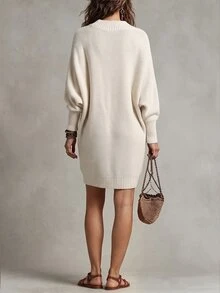 SHEIN Gaun Sweater Rajut Panjang Bergaris Horizontal Longgar Musim Gugur/Dingin, Gaun Sweater Kasual Sehari-hari dengan Bahu Jatuh dan Panjang Sedang - Aprikot - View 2