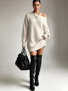 SHEIN Gaun Sweater Rajut Panjang Bergaris Horizontal Longgar Musim Gugur/Dingin, Gaun Sweater Kasual Sehari-hari dengan Bahu Jatuh dan Panjang Sedang - Aprikot - View 5
