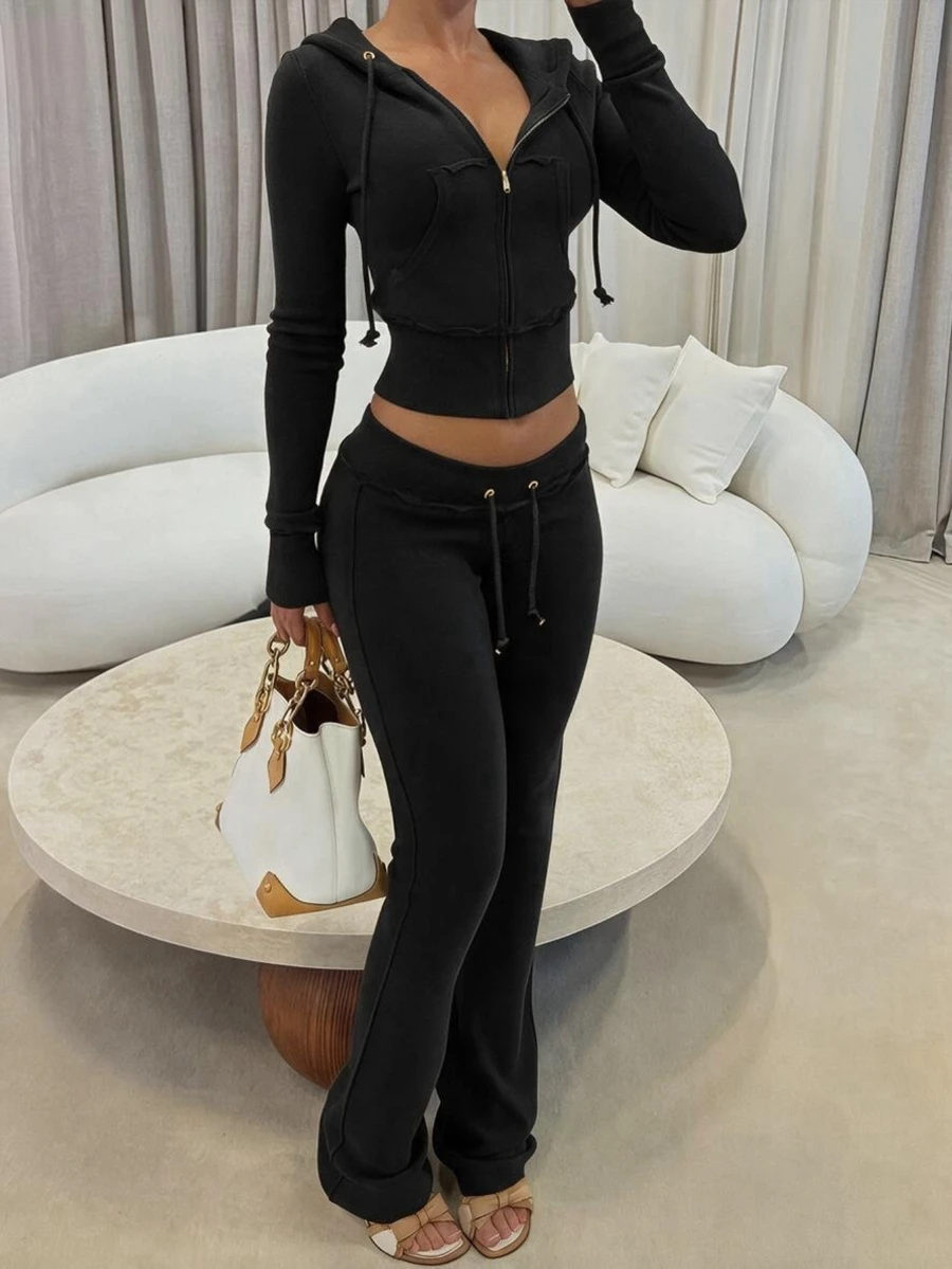 INAWLY Women Solid Color Zip Front Hoodie & Flared Pants Casual Tracksuit Fall Cloth For Women - Black - View 1