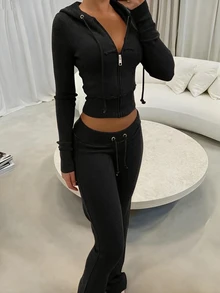 INAWLY Women Solid Color Zip Front Hoodie & Flared Pants Casual Tracksuit Fall Cloth For Women - Black - View 3