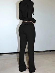 INAWLY Women Solid Color Zip Front Hoodie & Flared Pants Casual Tracksuit Fall Cloth For Women - Black - View 2