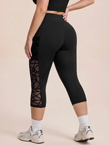 SHEIN Rhythm Era Bộ 2 quần legging thể thao ôm sát size lớn, thiết kế bất đối xứng phối lưới nhung xốp, túi bên hông, phong cách thời trang kawaii, quần dài tập Pilates gym màu đen cho mùa hè - màu đen - Xem 5
