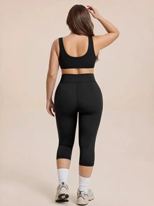 SHEIN Rhythm Era Bộ 2 quần legging thể thao ôm sát size lớn, thiết kế bất đối xứng phối lưới nhung xốp, túi bên hông, phong cách thời trang kawaii, quần dài tập Pilates gym màu đen cho mùa hè - màu đen - Xem 4