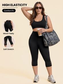 SHEIN Rhythm Era Bộ 2 quần legging thể thao ôm sát size lớn, thiết kế bất đối xứng phối lưới nhung xốp, túi bên hông, phong cách thời trang kawaii, quần dài tập Pilates gym màu đen cho mùa hè - màu đen - Xem 6