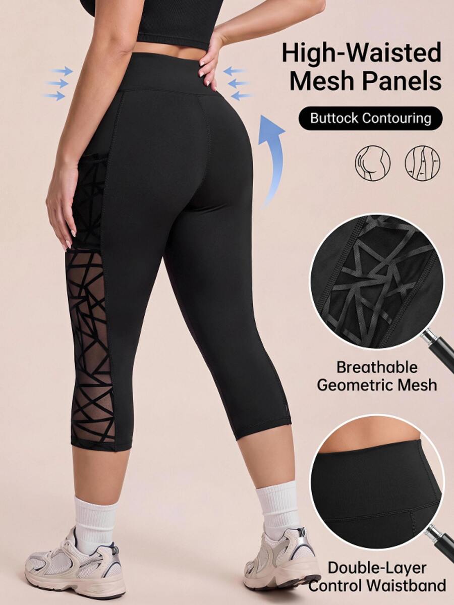 SHEIN Rhythm Era Bộ 2 quần legging thể thao ôm sát size lớn, thiết kế bất đối xứng phối lưới nhung xốp, túi bên hông, phong cách thời trang kawaii, quần dài tập Pilates gym màu đen cho mùa hè - màu đen - Xem 1