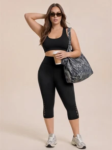 SHEIN Rhythm Era Bộ 2 quần legging thể thao ôm sát size lớn, thiết kế bất đối xứng phối lưới nhung xốp, túi bên hông, phong cách thời trang kawaii, quần dài tập Pilates gym màu đen cho mùa hè - màu đen - Xem 3