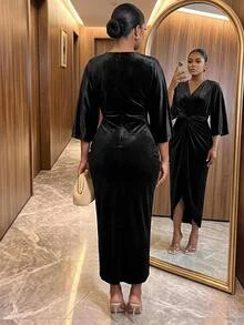 SHEIN Lady CURVE Plus Size Elegant Party Knot Waist Dress Fall - Black - View 2