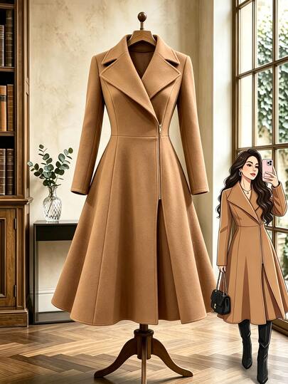 GlowEve CURVE Plus Size Women's Maillard Camel Color Blazer Collar Wool Dress, Cinched Waist A-Line Mid-Length Overcoat, Office Women's Fashion Large Lapel, Popular Elegant Commute Wool, Autumn/Winter