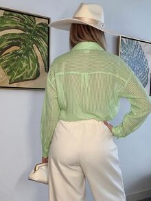 Cioccolato 女款淺綠色亮片刺繡棕櫚樹長袖襯衫，秋季度假海灘熱帶休閒風 - 綠色 - 查看 2