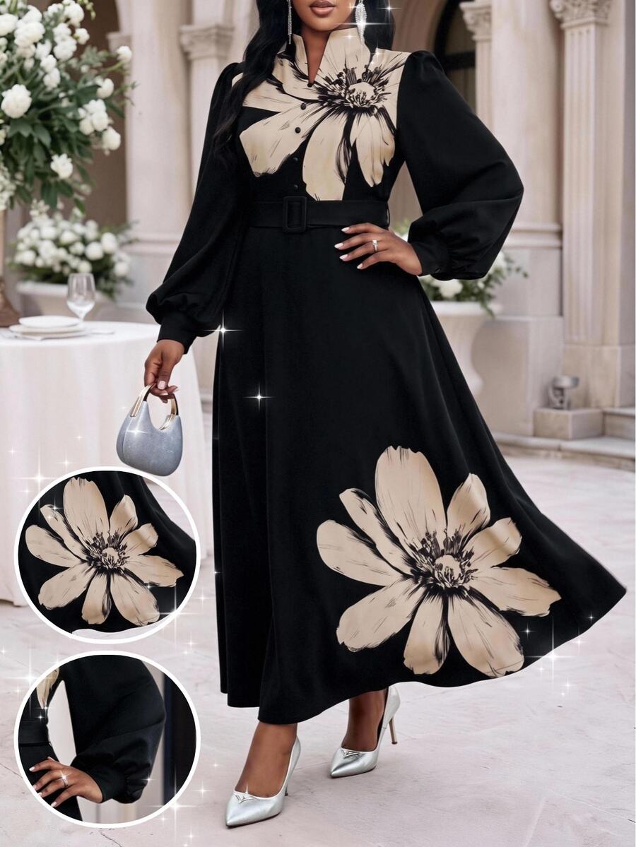 SHEIN Lady Gaun Pesta Kasual Motif Bunga Ukuran Besar untuk Wanita, Musim Gugur - MultiWarna - View 1