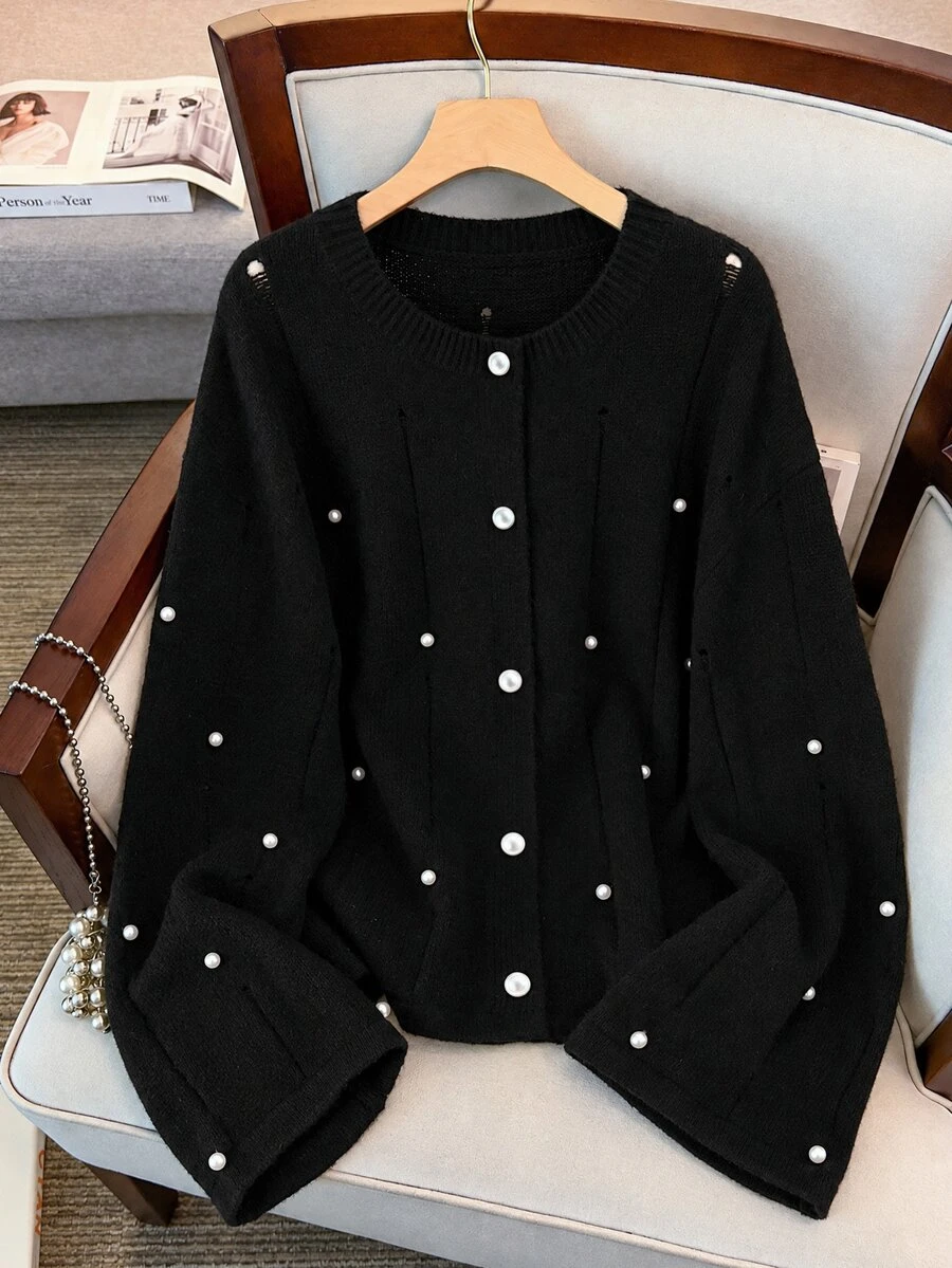 GlowEve CURVE Plus Size Women's Faux Pearl Decor Casual Versatile Cardigan - Black - View 1