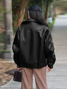 Durrani Popal 女士纯色PU皮革口袋拉链宽松休闲外套 - 黑色 - 查看 2