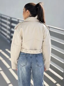Durrani Popal 女式纯色长袖拉链立领休闲机车夹克，秋季 - 米色 - 查看 2