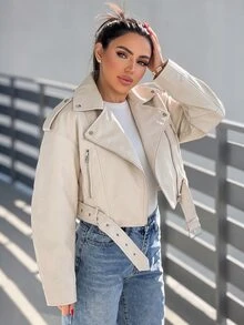 Durrani Popal 女式纯色长袖拉链立领休闲机车夹克，秋季 - 米色 - 查看 4