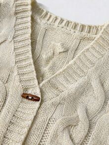 Louniche Kardigan Rajut Kabel Vintage dengan Kancing Tanduk, Sweater Rajut Wanita Kerah V Lengan Panjang Longgar Berkantong untuk Musim Gugur - Aprikot - View 7