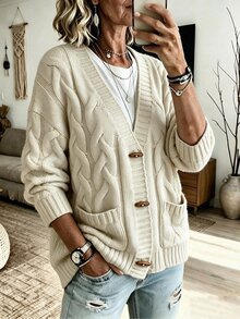 Louniche Kardigan Rajut Kabel Vintage dengan Kancing Tanduk, Sweater Rajut Wanita Kerah V Lengan Panjang Longgar Berkantong untuk Musim Gugur - Aprikot - View 1