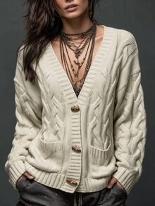 Louniche Kardigan Rajut Kabel Vintage dengan Kancing Tanduk, Sweater Rajut Wanita Kerah V Lengan Panjang Longgar Berkantong untuk Musim Gugur - Aprikot - View 4