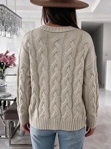 Louniche Kardigan Rajut Kabel Vintage dengan Kancing Tanduk, Sweater Rajut Wanita Kerah V Lengan Panjang Longgar Berkantong untuk Musim Gugur - Aprikot - View 2